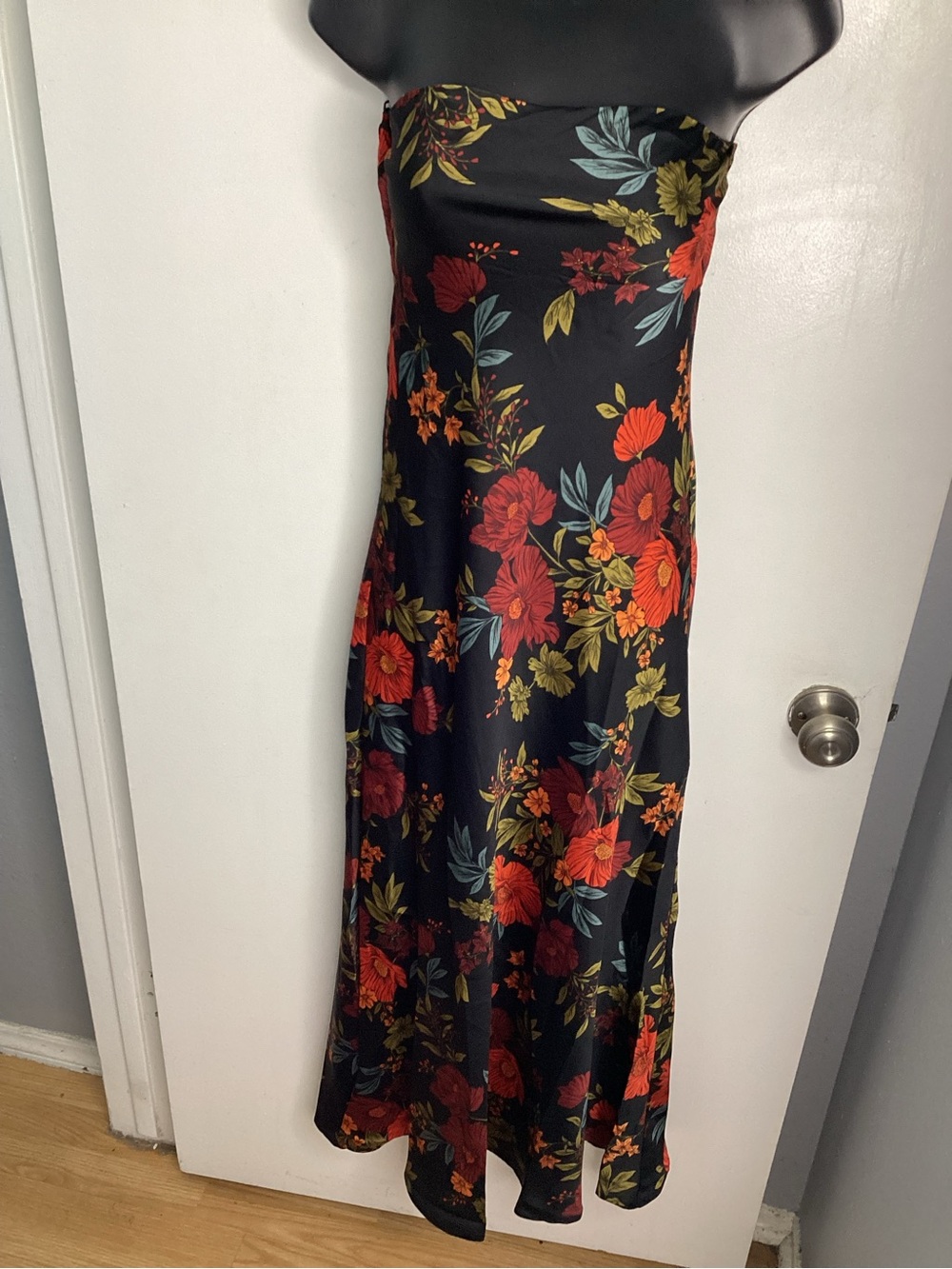 12th Tribe Strapless Black Floral Maxi Dress with Red and Green Accents XS